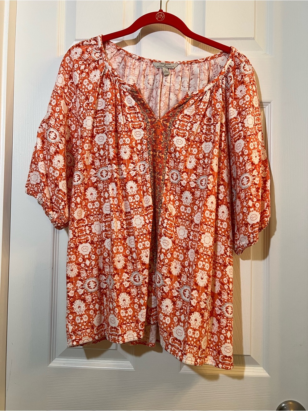 🦋 Women's Floral linen blend Peasant Tunic Top by Hester & orchid size large
